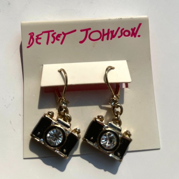 Betsey Johnson Royal Engagement Drop Earrings Gold Tone Rhinestone Black Enamel - Picture 12 of 13
